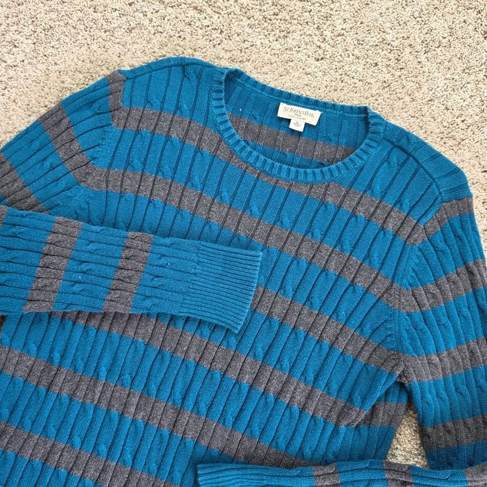 St. John's Bay Cable Knit Sweater Womens PL Blue Gray Striped Outdoor Casual